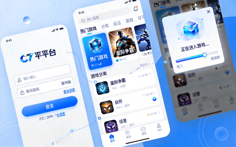 演示用户流畅操作C7娱乐平台的动画截图，展示从登录到进入游戏的连贯步骤
