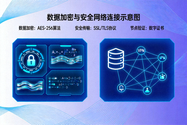 描绘数据加密与安全网络连接的抽象技术示意图